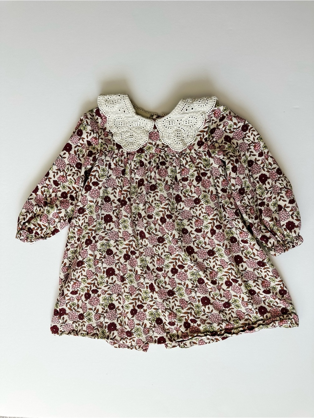Zara Girls Long-Sleeve Floral Dress Eyelet Collar - Cream & Burgundy Size 4-5